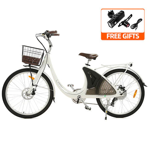Ecotric 26inch White Lark Electric City Bike For Women with basket and rear rack - electricridesonly